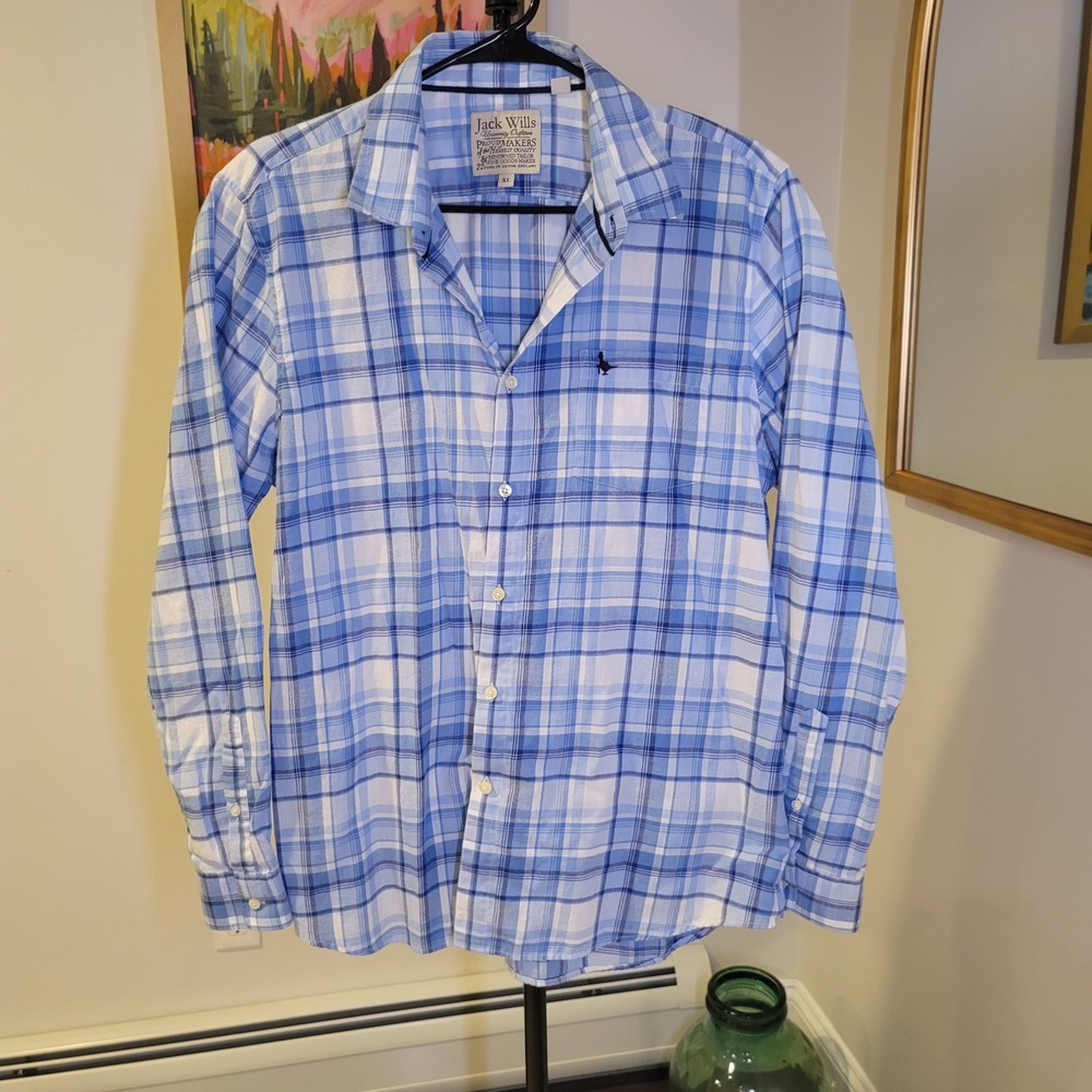 Jack Wills Mens XL Blue White Plaid Long Sleeve Button Down Pheasant Logo Shirt